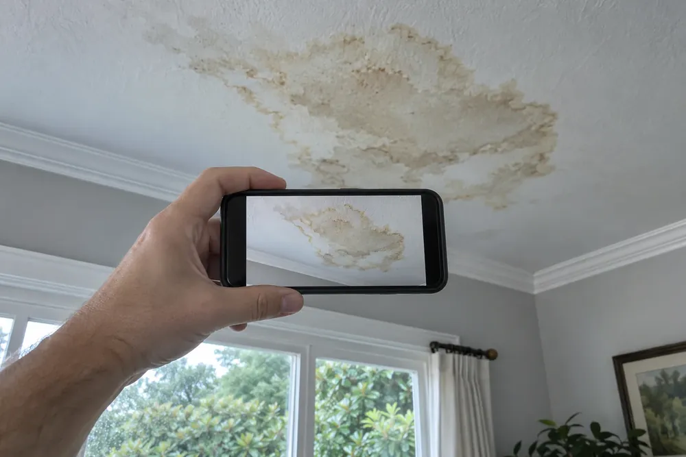 Hand holding a phone camera toward a water-stained ceiling to photograph the damage
