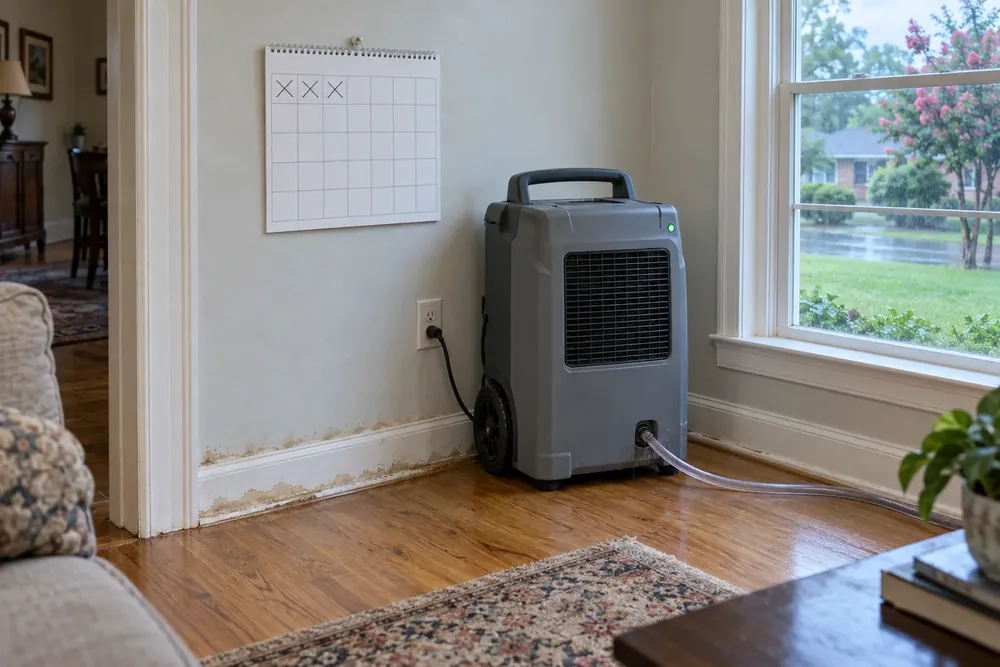 Wall calendar with three days crossed off beside a running living room dehumidifier