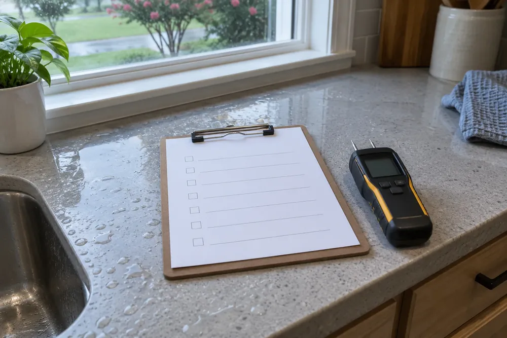 Blank inspection checklist on a clipboard beside a moisture meter on a damp countertop
