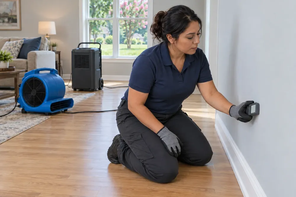 A technician in gloves talks on the phone while looking at a ceiling stain above a drip bucket